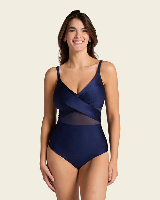 One piece swimsuit with criss cross neckline and tulle