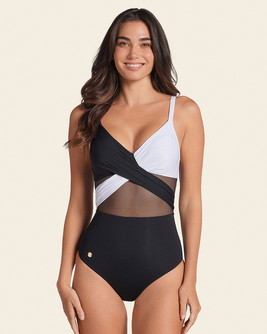 Contrast Detail One Piece Swimsuit with Slimming Compression