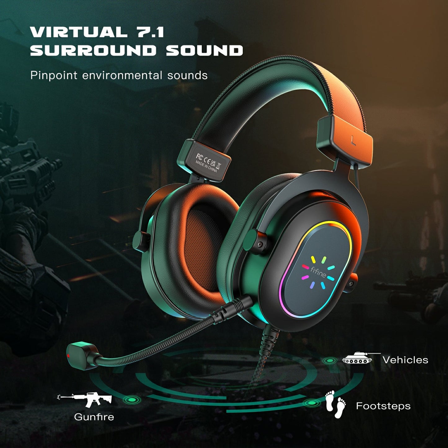 FIFINE AmpliGame H6 USB Headset for PC Gaming with RGB, In-line Controls of 7.1 Surround Sound, EQ modes Volume & Mute