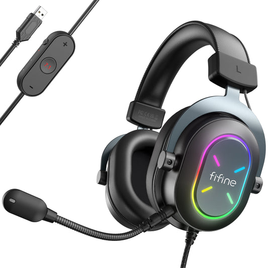 FIFINE AmpliGame H6 USB Headset for PC Gaming with RGB, In-line Controls of 7.1 Surround Sound, EQ modes Volume & Mute