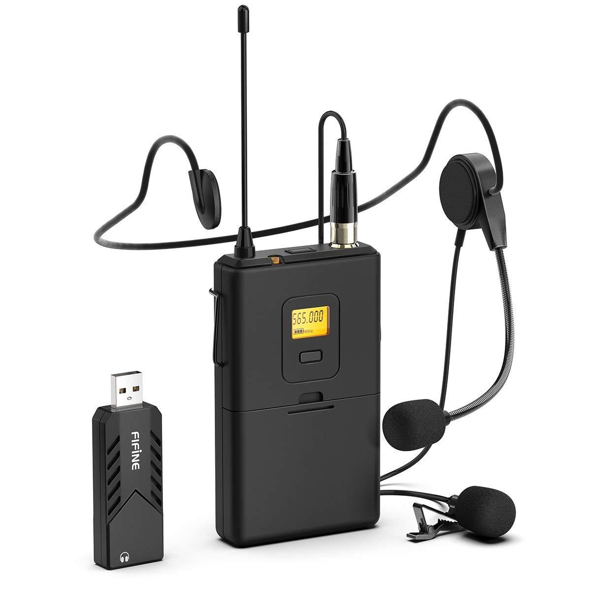 FIFINE K031B Wireless USB Computer Lapel Microphone with Headsest for Fitness Class, Conferencing