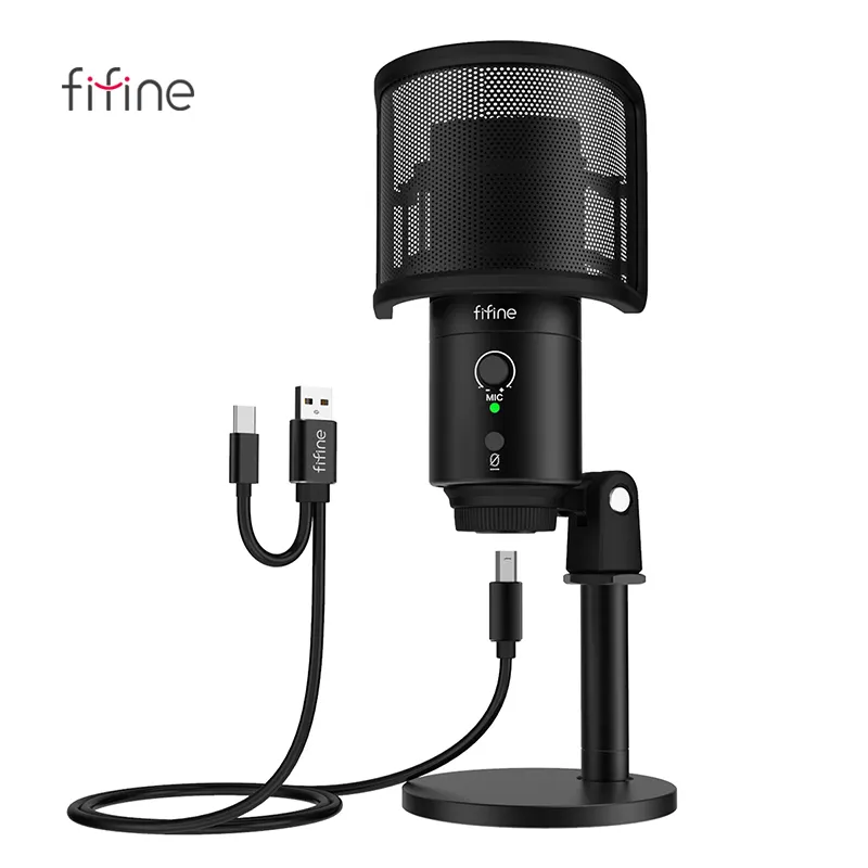 FIFINE K683A Type C USB Mic with A Pop Filter, A Volume Dial, A Mute Button & A Monitoring Jack for Recording